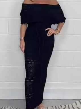 Off-Shoulder Black Crochet Maxi Dress
